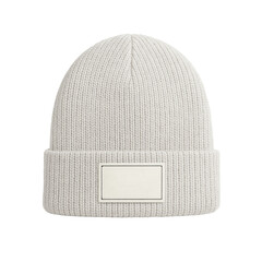 Isolated Cream-Colored Knit Beanie Hat with Blank Label Patch