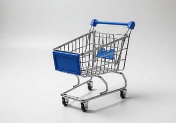Small shopping cart with blue accents on a plain background