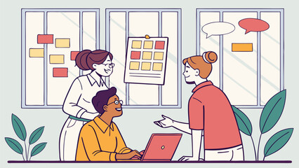 Three colleagues collaborating in an office with a laptop and brainstorming ideas on a board