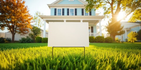 Sign in front of a beautiful residence with lush green lawn, showcasing potential and opportunity in a suburban neighborhood