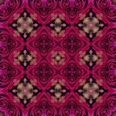 Seamless kaleidoscope floral pattern symmetrical arrangement of deep pink roses and delicate beige...