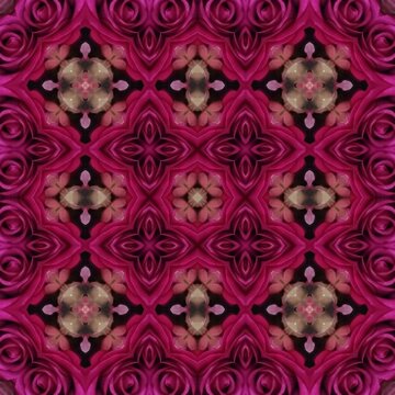 Fototapeta Seamless kaleidoscope floral pattern symmetrical arrangement of deep pink roses and delicate beige blossoms creating an intricate, repeating motif design for fabric, wallpaper, and backgrounds
