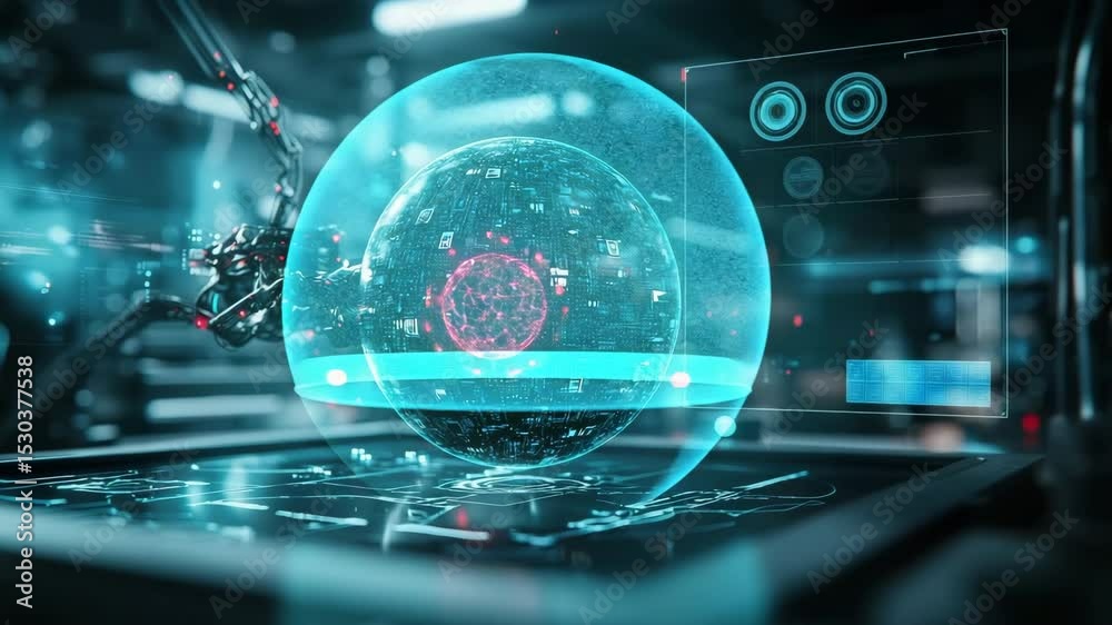 Poster a robotic arm manipulates a glowing, high-tech sphere with digital circuitry in a futuristic laborat