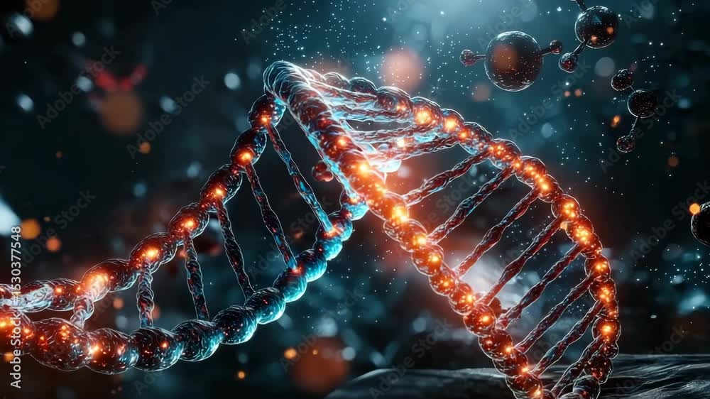 Poster a glowing, detailed dna double helix structure surrounded by floating molecules in a dark, scientifi