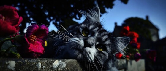 Fototapeta premium Cat amongst flowers in a garden