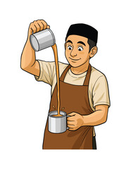 Traditional Teh Tarik Puller. Malaysian Man Pouring Milk Tea in Vector Illustration.