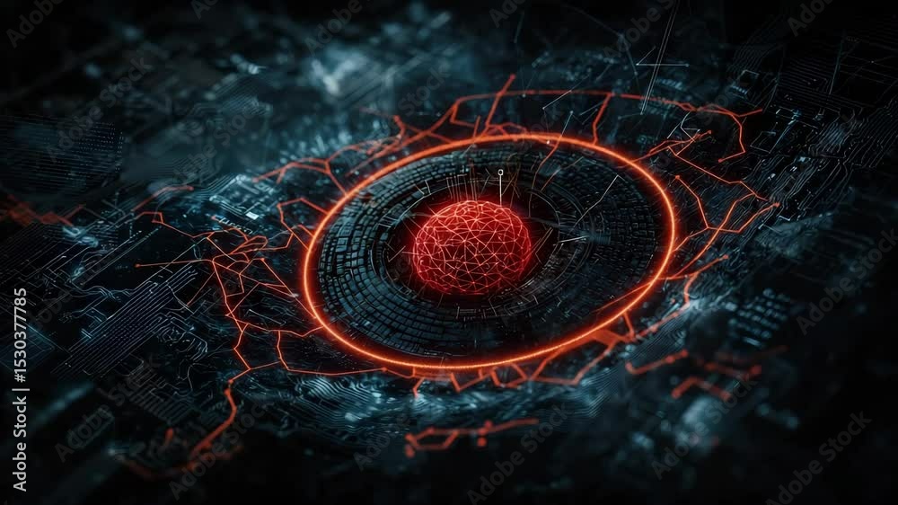 Poster A futuristic glowing red core surrounded by intricate circuitry and digital connections, evoking advanced technology or artificial intelligence.