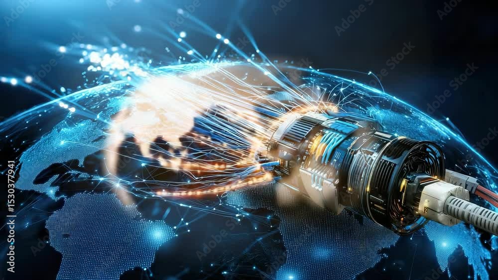 Poster a glowing fiber optic cable transmits data across a digital map of the earth, symbolizing global int