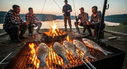 Group of men grilling fish by lakeside campfire at sunset