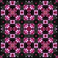 Seamless kaleidoscope floral pattern symmetrical arrangement of deep pink roses against a dark...