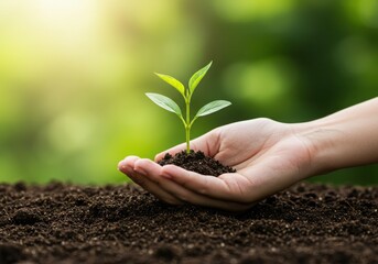 Hand holding a young plant with soil in a garden setting