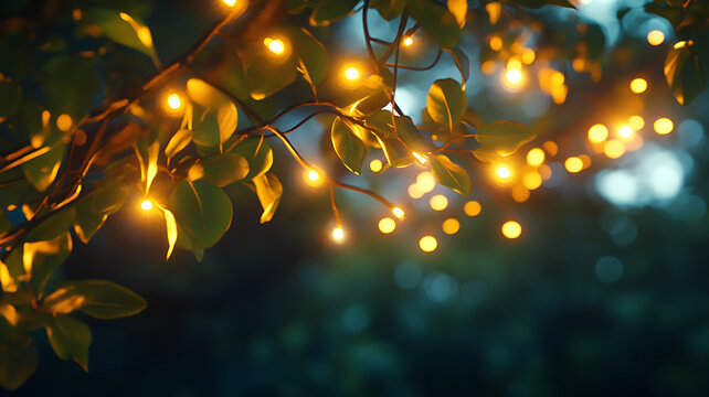 Warm glowing fairy lights on a branch with green leaves and bokeh background