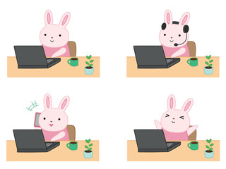リモートワークをするウサギのイラストセット　主線あり