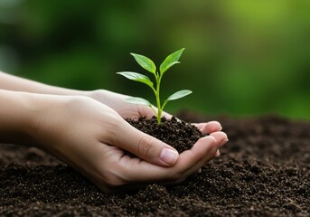 Hands holding a small plant with soil