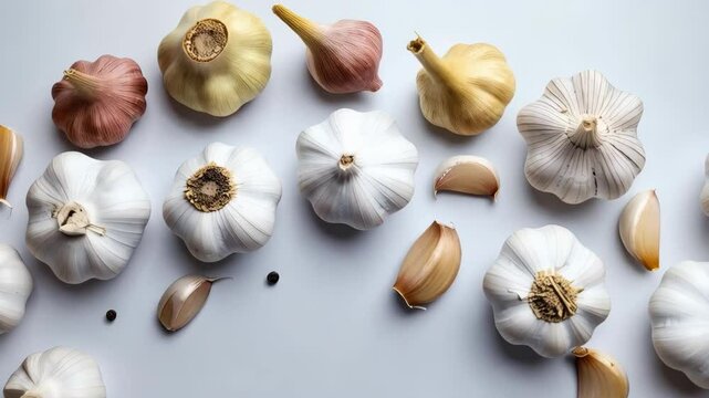 Overhead view of garlic bulbs and cloves arranged on white background creating a pattern with blank space for text.