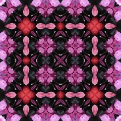Seamless kaleidoscope floral pattern abstract arrangement of pink and red blossoms with dark accents, creating a symmetrical and visually captivating design for fabric, wallpaper, and backgrounds