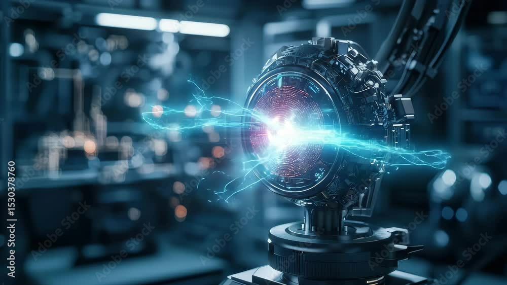 Aufkleber a futuristic robotic eye with a glowing red center is displayed in a high-tech laboratory environmen
