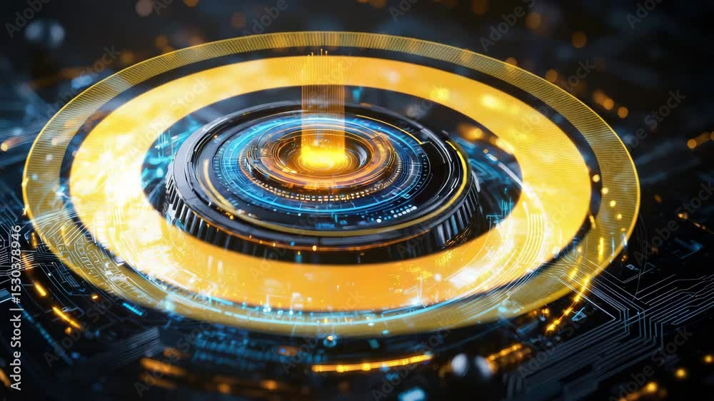 Poster a glowing, futuristic circular device sits atop a complex circuit board with vibrant blue and orange