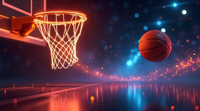3D basketball soaring toward a hoop with light streaks and a dark background.