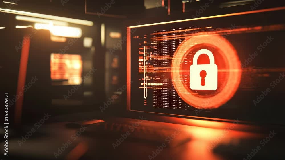 Poster a glowing computer screen displays a large padlock icon, symbolizing cybersecurity and data protecti