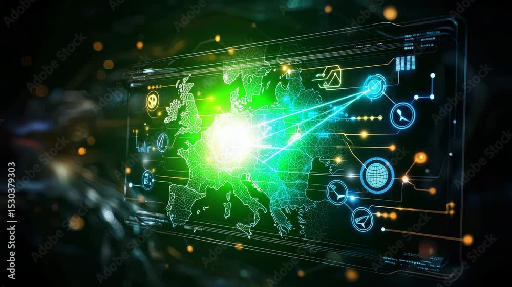 Poster a futuristic digital map of europe displays glowing data points, network connections, and technology
