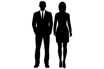 Businessman and businesswoman silhouettes, black, white background