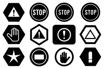 Black and White Warning and Stop Sign Icons Set