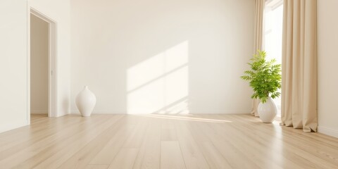 Obraz premium Bright, light-filled, open concept interior space with wooden floorboards and minimal decorations, ready for personalization and creative interior design