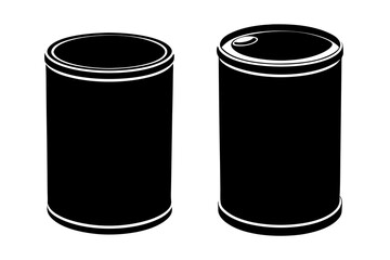 Two Black Silhouettes of Cylindrical Cans, One with a Lid