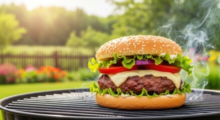 Juicy cheeseburger on grill with lettuce and tomato in a sunny garden