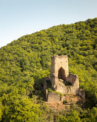 Aerial view Chekili Tower. Hidden Medieval Outpost in Kakheti, Georgia.Solitary tower once served...