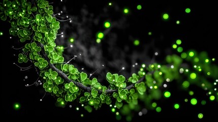 Circular arrangement of glowing green leaves, with small, scattered light points