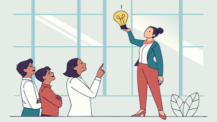 Woman presenting a light bulb idea to a group of colleagues in an office setting with large windows