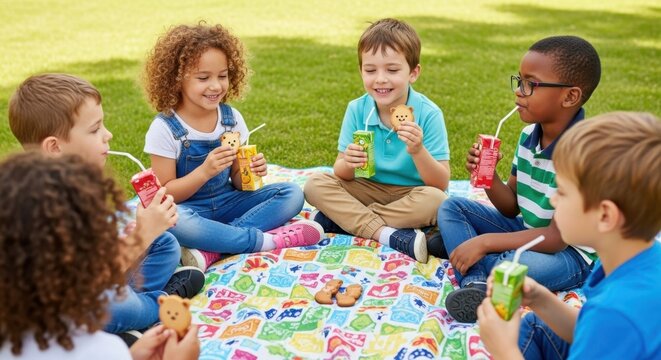 Diverse group of children enjoying picnic on a colorful blanket outdoors