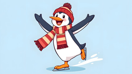 Cheerful cartoon penguin in striped scarf and cap skates gracefully, arms spread wide with a wide smile.