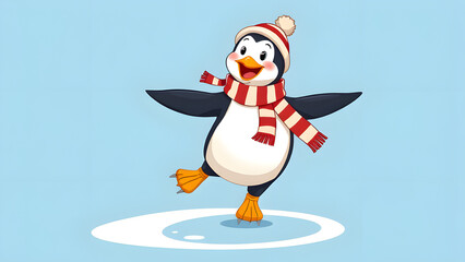 Cheerful cartoon penguin in striped scarf and cap skates gracefully, arms spread wide with a wide smile.