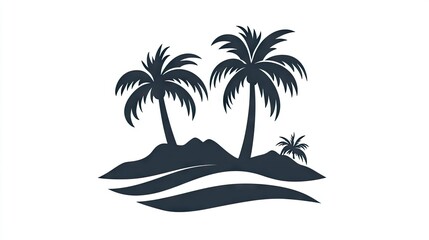 Silhouette of tropical island with palm trees and waves.