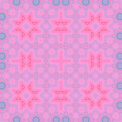 Seamless kaleidoscope floral pattern soft pink and lavender geometric shapes create a symmetrical, repeating floral design for fabric, wallpaper, and backgrounds