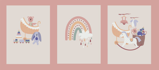 Boho baby rainbow card clipart. Boho color rainbow, animals and baby elements for kids bedrooms poster.