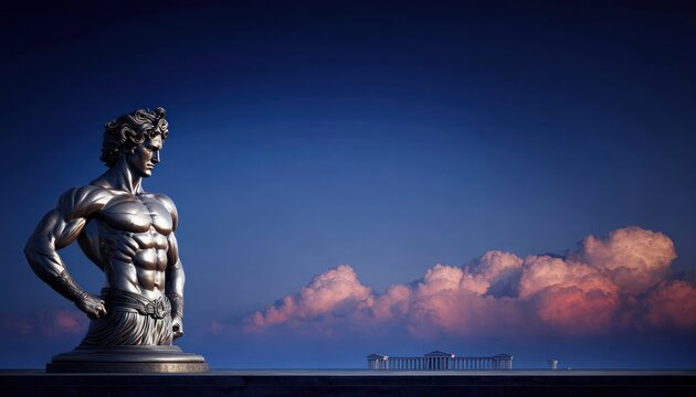 Bronze statue of a muscular man against a twilight sky