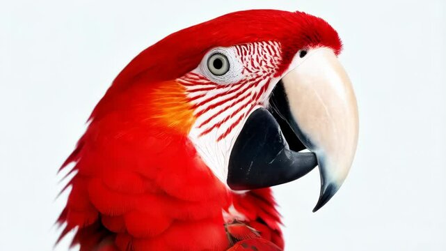 Striking close-up of a vibrant red macaw with beautiful feathers, white beak and intense gaze against a clean white background