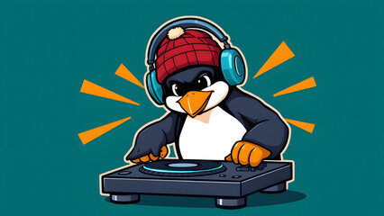 An enthusiastic cartoon penguin DJ wearing headphones and a bini, concentrating on mixing on a small turntable.