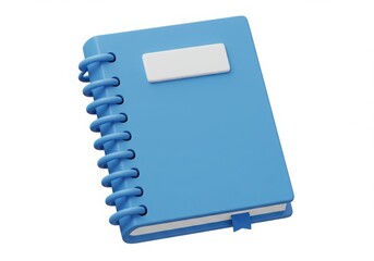 Blue notebook with spiral binding and bookmark illustration