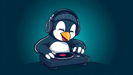 An enthusiastic cartoon penguin DJ wearing headphones and a bini, concentrating on mixing on a small turntable.