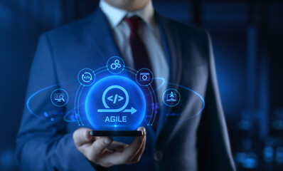 Businessman Holding Smartphone with Agile Development Icons on Screen. Software Development Concept