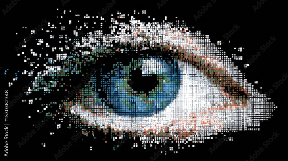Poster Pixelated Eye Icon Transforming Into a Sharp Symbol Representing Digital Recovery and Clarity in Technology