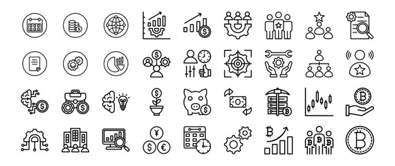 A comprehensive collection of business and finance icons representing various aspects of the industry.