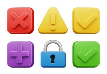 Colorful 3d symbols including check mark, lock, and plus sign