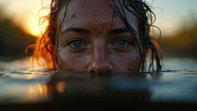 Intense gaze of person partially submerged in water with mud on face during outdoor activity at sunset