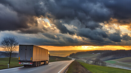 Obraz premium Truck on rural road under dramatic sunset, golden light painting the horizon -- a journey through nature's fleeting beauty